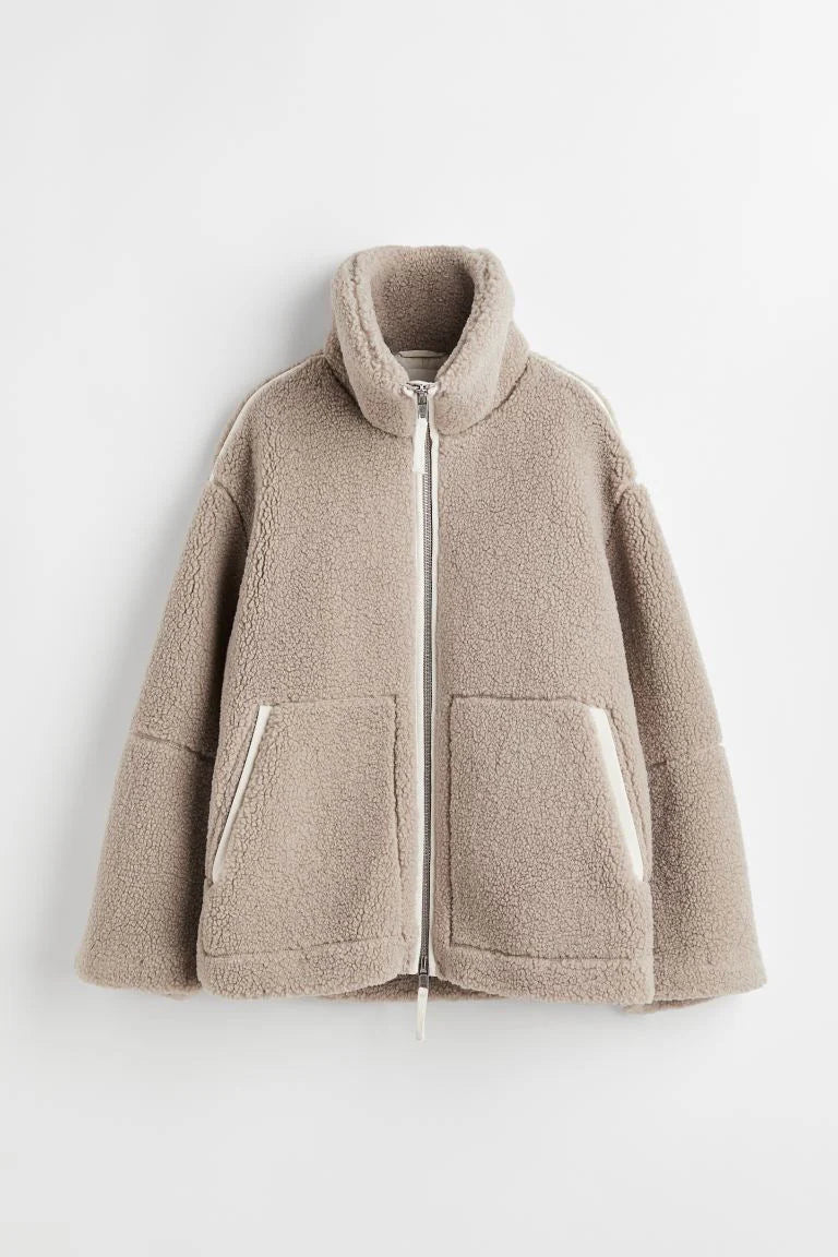 Women's Cozy Mid Jacket with Long Sleeves, Stand-Up Collar, Pockets