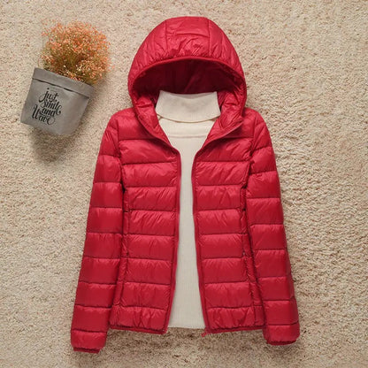 Chaqueta ligera de plumón con capucha para mujer, abrigo fácil de guardar