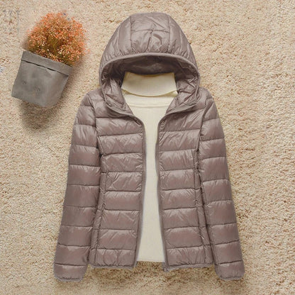 Chaqueta ligera de plumón con capucha para mujer, abrigo fácil de guardar