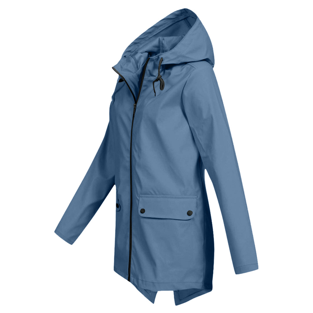 Women's Waterproof Mid-Length Jacket with Hood and Zipper