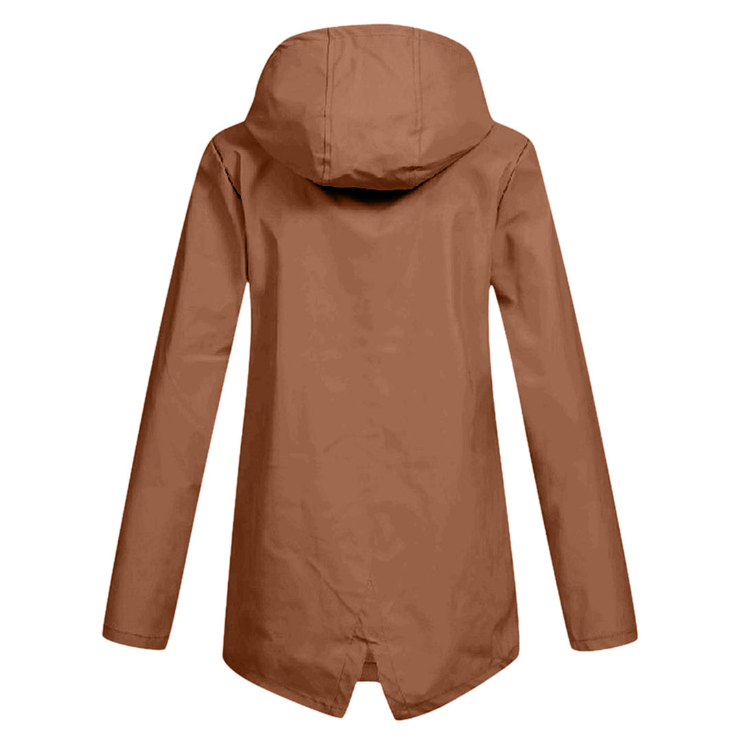 Women's Waterproof Mid-Length Jacket with Hood and Zipper