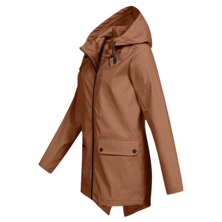 Women's Waterproof Mid-Length Jacket with Hood and Zipper