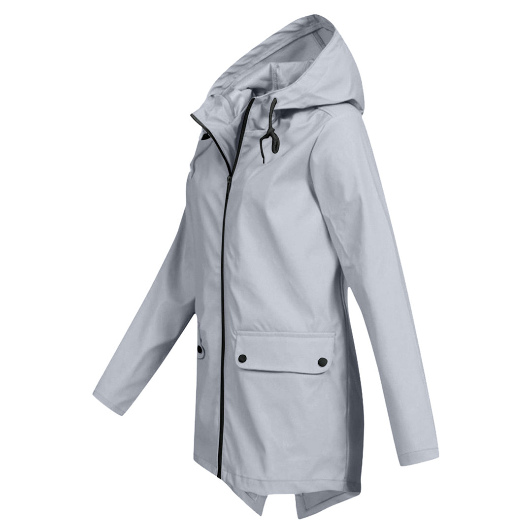 Women's Waterproof Mid-Length Jacket with Hood and Zipper