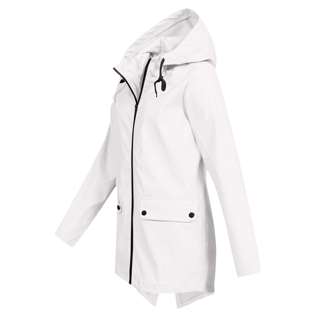 Women's Waterproof Mid-Length Jacket with Hood and Zipper