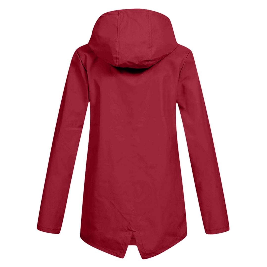 Women's Waterproof Mid-Length Jacket with Hood and Zipper