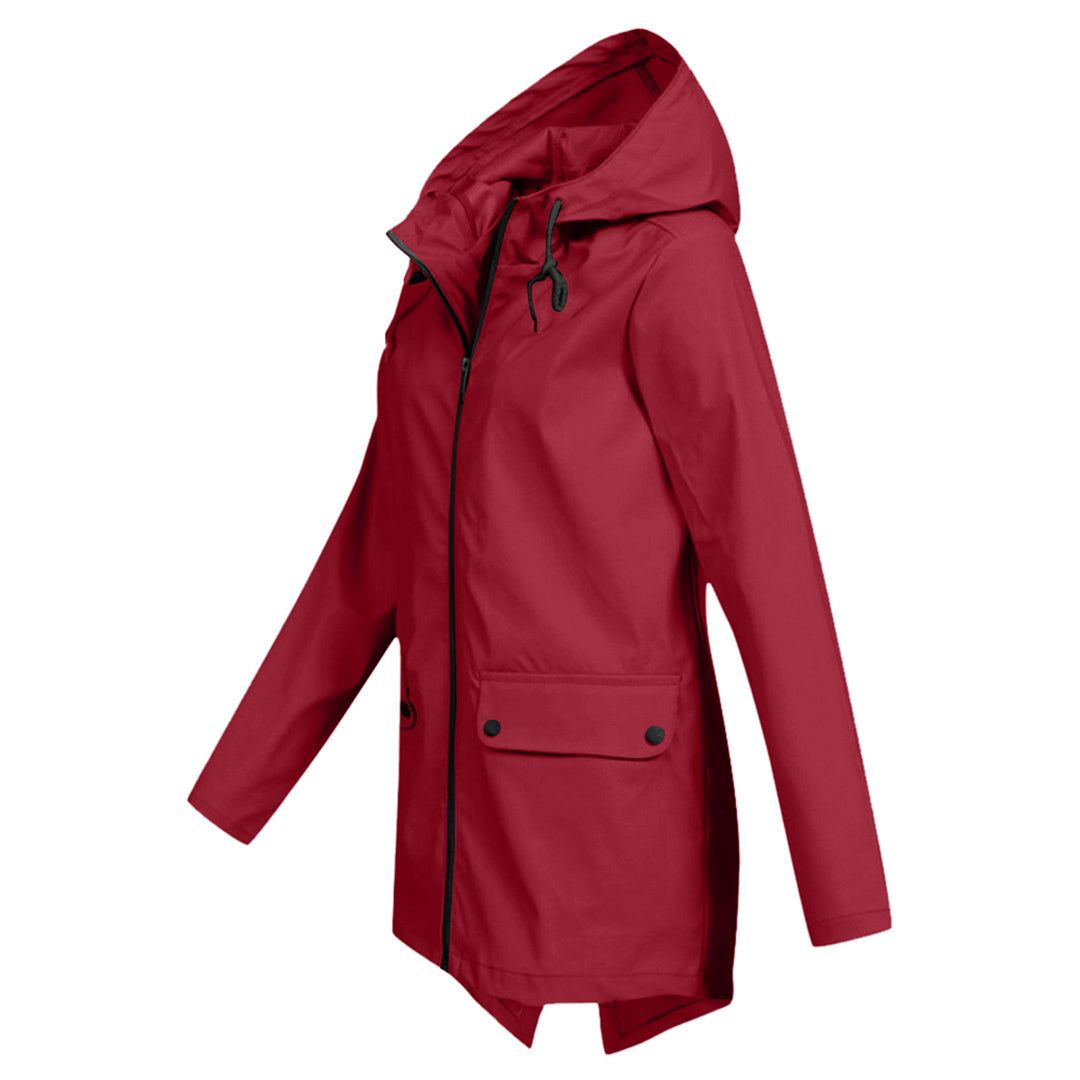 Women's Waterproof Mid-Length Jacket with Hood and Zipper