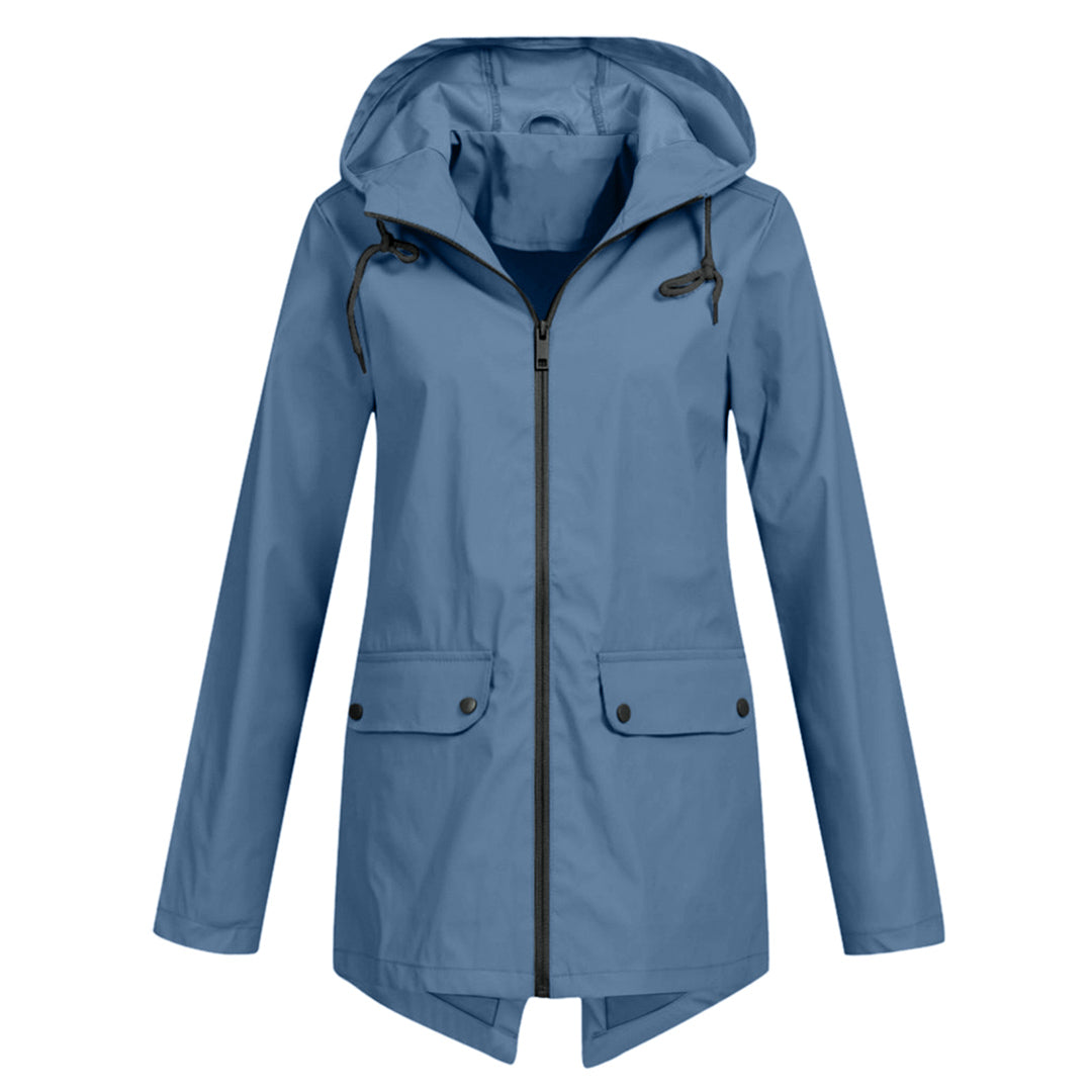 Women's Waterproof Mid-Length Jacket with Hood and Zipper