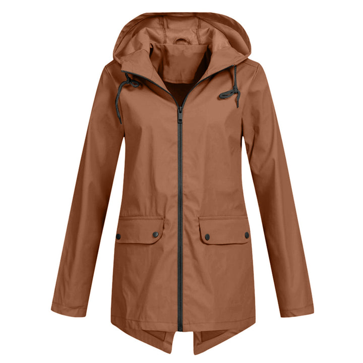 Women's Waterproof Mid-Length Jacket with Hood and Zipper