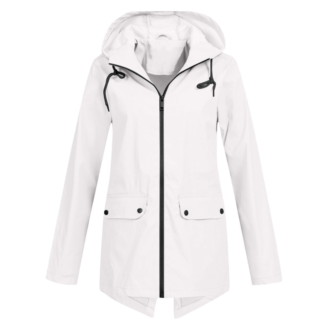 Women's Waterproof Mid-Length Jacket with Hood and Zipper
