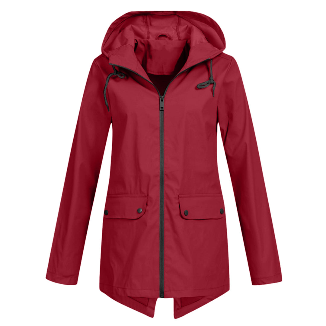 Women's Waterproof Mid-Length Jacket with Hood and Zipper