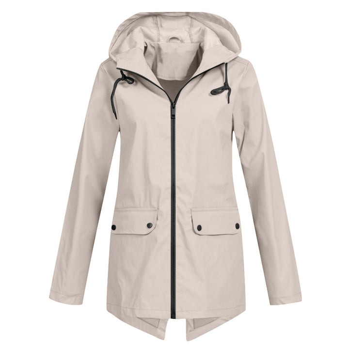 Women's Waterproof Mid-Length Jacket with Hood and Zipper