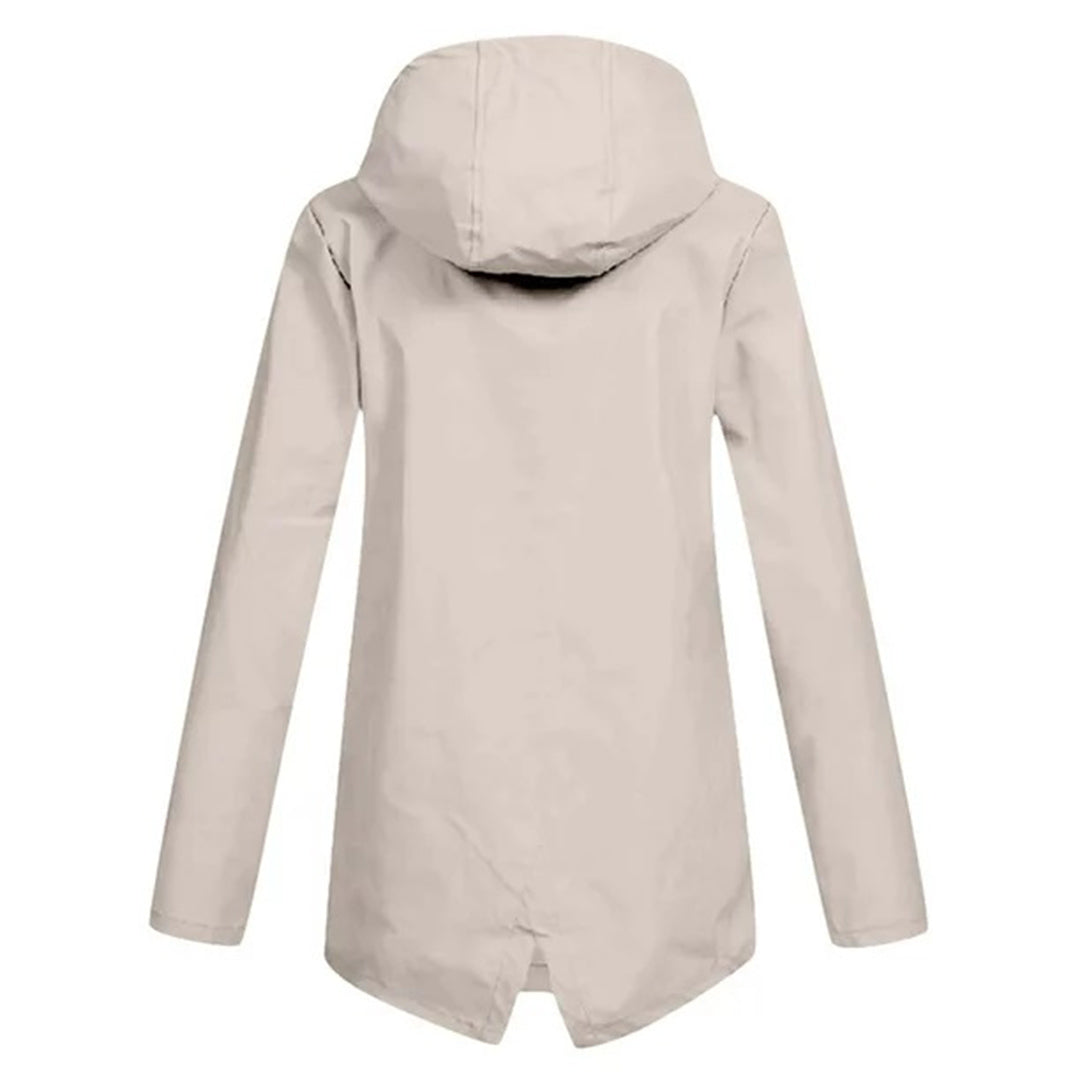 Women's Waterproof Mid-Length Jacket with Hood and Zipper