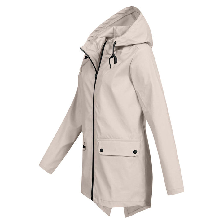 Women's Waterproof Mid-Length Jacket with Hood and Zipper