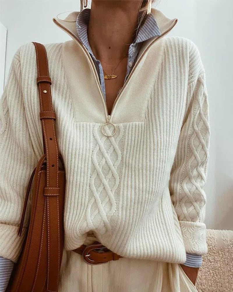 Women's Stylish Cable Knit Half-Zip Sweater in White
